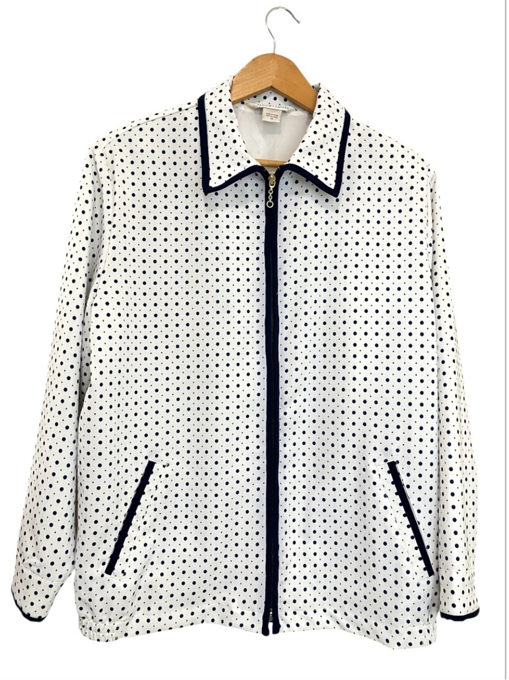 Allison Daley White Zip Up Jacket with Navy Polka Dots